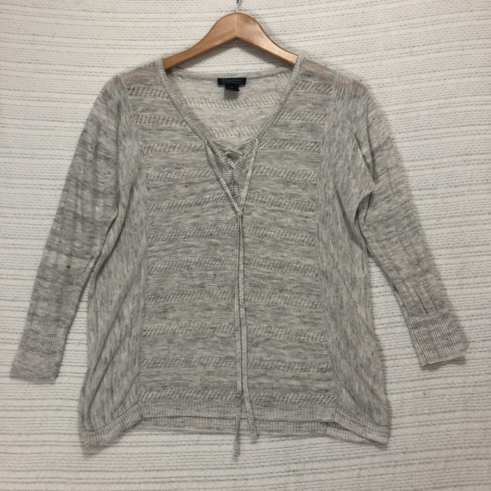 Lucky Brand Gray Lace Up V Neck Open Knit Sweater Top Small S